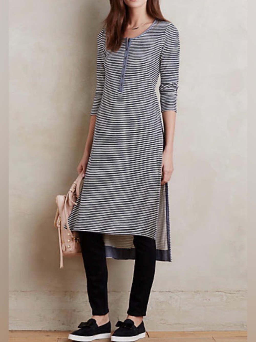 Anthropologie Split Henley Tunic by Postmark Striped Navy & White Medium